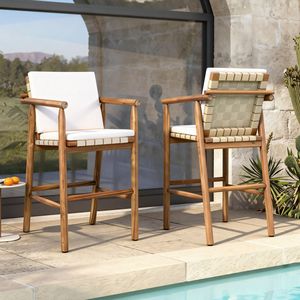 Tabourets de bar modernes en bois d'acacia pour patio, ensemble de 2 chaises de comptoir d'extérieur confortables avec dossier et accoudoirs, assise en toile, durables et élégants - Product Image 2