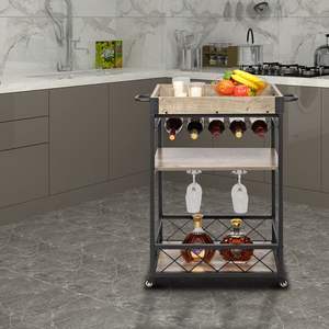 Chariot de service industriel vintage pour la maison et la cuisine, chariot de bar mobile en bois et métal, unité de rangement RT - Product Image 2