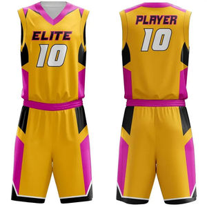 Conjunto de Uniforme de Baloncesto Elite, Amarillo, Rosa y Negro, Sublimado, Cuello en V, Productos de Moda, Sin Mangas, Absorbe la Humedad, Unisex, para Adultos - Product Image 6