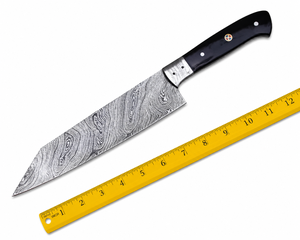 Cuchillo de cocina de acero de Damasco con hoja de punta caída y filo recto, mango de cuerno negro con bolster de Damasco y pasador de mosaico, 12 pulgadas - Product Image 4