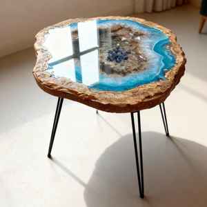 Table basse de luxe aspect cristal, écologique, en résine époxy faite à la main, style géode turquoise, table d'appoint moderne, décoration intérieure noire, artisanat - Product Image 1