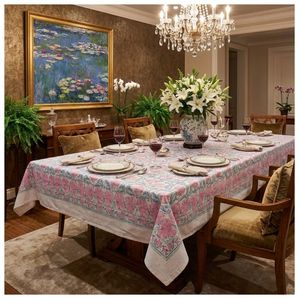 Best Price Wood Block Printed Floral Cotton Linen Rectangle4-6 Seater <b>Tablecloth</b> 150x220cms Classic Style Washable Home Use - Product Image 1