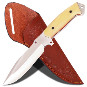 Mirror Polish Fixed Blade EDC <b>Knife</b> Camel <b>Bone</b> <b>Handle</b> Camping Bushcraft Utility <b>Knife</b> Tooled Leather Belt Sheath Wholesale - Product Image 1
