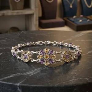 Bracelet en argent sterling 925 avec pierres précieuses multicolores étincelantes, bijoux floraux indiens faits à la main, élégant cadeau pour femmes - Product Image 3