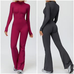 ชุดจั๊มสูทกีฬาผู้หญิง แขนยาว อุ่นสบาย ชุดโยคะแบบชิ้นเดียว ชุดออกกำลังกายแบบยืดหยุ่น กางเกงขาบาน ชุดลำลอง - Product Image 3