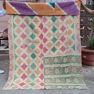 Handmade Reversible Kantha <b>Quilt</b> Pastel Diamond Lattice Front Shibori Tie Dye Back Cotton Filling Boho Bedspread <b>Winter</b> Throw - Product Image 2