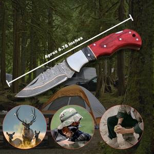 มีดพับอเนกประสงค์เหล็กดามัสกัสทองแดง พร้อมระบบล็อคด้านหลัง ด้ามไม้ปักก้า ปลอกมีดทำจากไม้ปักก้า คุณภาพระดับอุตสาหกรรม Cu Mai สำหรับพกพา EDC ล่าสัตว์ - Product Image 6