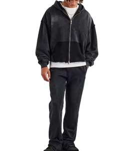 Conjunto de 2 piezas OEM personalizado: Sudadera con capucha con cremallera y pantalones jogger, estilo streetwear con efecto desgastado por el sol y lavado ácido, con logotipo personalizado. - Product Image 4