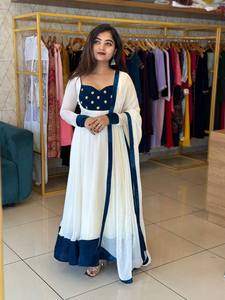 Women Elegant White Anarkali Gown with Blue Border Dupatta - Product Image 2