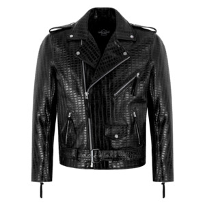 Veste de motard en cuir de vachette embossé à motif croco, style BRANDO, pour homme, avec fermeture éclair croisée - Product Image 4