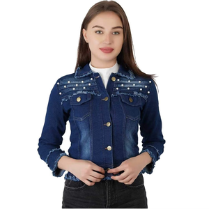 Chaqueta vaquera azul oscuro con cuello y dobladillo deshilachados, lavado descolorido, diseño adornado, venta al por mayor, ropa urbana, cómoda, informal y elegante. - Product Image 3