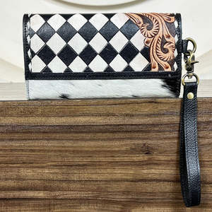 Nouveau portefeuille-bracelet en cuir de vachette artisanal, incrusté de motifs floraux à carreaux, style western, en cuir véritable, pochette pour femme - Product Image 5