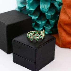 Natural Green Emerald Double-<b>Row</b> Statement Ring in Solid 18K Yellow Gold – Wide Geometric Bezel Set Band Luxury May Birthstone - Product Image 6
