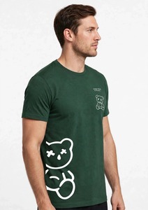 ONETEN APPAREL เสื้อยืดแขนสั้นผู้ชายสีเขียวพิมพ์ลายการ์ตูนหมีเสื้อยืดคอกลมลำลอง - Product Image 6