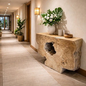 Table console durable en bois de teck recyclé sculpté à la main, design abstrait éco-responsable, best-seller pour couloir - Product Image 6