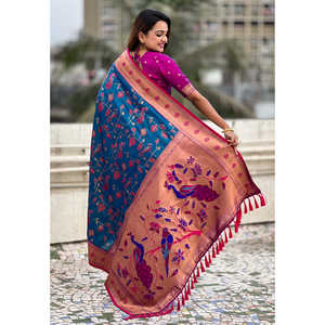 Sari en soie Paithani Jaal bleu tissé Zari - Vêtements indiens et pakistanais Elite Weaves 700g - Product Image 4