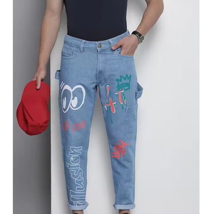 Pantalones vaqueros de hombre de mezclilla 100% algodón, lavado azul, de corte recto ajustado, cintura media, transpirables, con parche bordado, estilo urbano. - Product Image 4