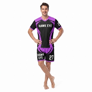 Ensemble de maillot de foot pour homme, noir et violet, sublimé, col en V, manches courtes, haut et short, 100 % polyester, vêtements de sport pour adultes - Product Image 3