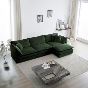 Divano Componibile Modulare Oversize a L con Pouf Reversibile in Ciniglia Verde per Soggiorno - Product Image 1