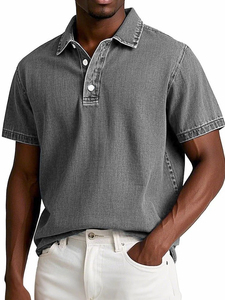 Polo de Mezclilla Gris de Manga Corta para Hombre, Estilo Casual, Cierre de Botones, Corte Regular, Tejido Antiarrugas - Product Image 1