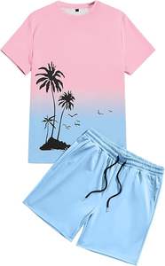 Ensemble de survêtement pour homme à manches courtes, 2 pièces, t-shirt à imprimé tropical, t-shirt hawaïen, short uni, tenue décontractée d'été - Product Image 3