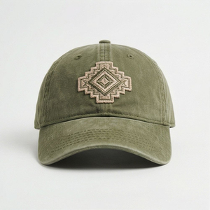 Casquette de baseball vert olive à 6 panneaux avec broderie géométrique sur le devant, ajustable, unisexe, décontractée, pour le printemps et l'automne - Product Image 1