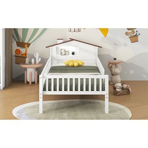 Letto a piattaforma in legno bianco per bambini, misura twin, con testiera a LED a forma di casetta e contenitore integrato - Product Image 6