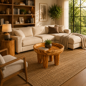 Curved Edge Organic <b>Solid</b> Indonesian Suar <b>Wood</b> Coffee Table Honey Finish Modern Premium Thick Living Room Home Furniture - Product Image 5