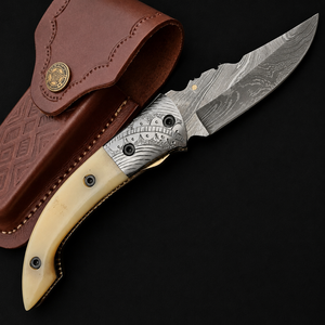 Cuchillo Plegable de Acero de Damasco Hecho a Mano con Mango de Hueso y Funda de Cuero, Hoja Recta de Punta Caída, Multifuncional, Cuchillo de Caza OEM - Product Image 1