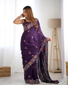 Sari de Satén y Chifón con Bordado de Lentejuelas de 5mm y Blusa a Juego con Lentejuelas para Bodas y Fiestas de Primera Calidad - Product Image 4
