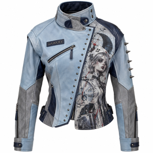 Chaqueta de cuero azul claro para mujer, estilo gótico, con estampado de enfermera, con tachuelas, cremallera asimétrica, cuello alto, oferta de fabricante a medida - Product Image 1