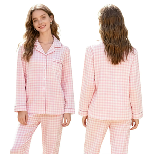 Ensemble de pyjama en coton à carreaux pour homme et femme, chemise et pantalon, manches longues, boutonné, vente en gros - Product Image 2