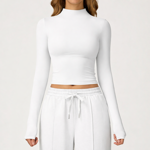 Débardeur de sport moulant à manches longues pour femme, T-shirt de fitness sexy, haut court de yoga, vente en gros personnalisée - Product Image 2