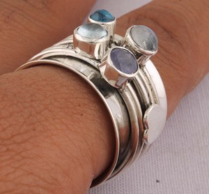 Natural Multi Gemstone <b>Spinner</b> <b>Ring</b> 925 Sterling Silver Vintage Style Rainbow Stone Band <b>Ring</b> for Women Handcrafted Boho Jewelry - Product Image 4