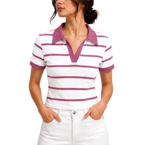<b>White</b> And Mauve Pink Women Striped <b>Polo</b> Shirt Short Sleeve Turn Down Collar Slim Fit Casual Summer <b>Top</b> Custom Wholesale Supplier - Product Image 1