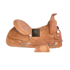 Silla de montar western de cuero tópico para carreras de barriles, con asiento rígido y adornos florales grabados a mano, herrajes de acero inoxidable, para equitación de sendero y vaquera, 10-18 pulgadas - Product Image 3