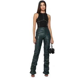 Pantalones de moda para mujer de la mejor calidad al por mayor de piel auténtica con estilo frontal plano - Product Image 1