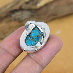 Natural Blue Copper Turquoise Opaque Gemstone Oval <b>Statement</b> 925 Sterling Silver Handmade Jewelry Boho Cocktail <b>Ring</b> For Women - Product Image 5