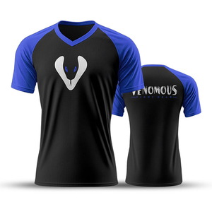 T-shirt unisexe col en V à manches raglan, imprimé par sublimation, séchage rapide, coupe sportive, motif noir et bleu, 100 % coton, coupe classique - Product Image 3