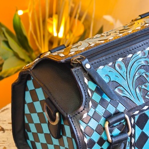 Sky Blue & Black Color Hand Tooled Florals Carved With Checkered Diamond Pattern 100% Genuine Leather Mini Speedy Duffle Handbag - Product Image 2