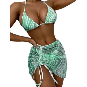 Maillot de bain d'été pour femme, ensemble bikini sexy 2 pièces, imprimé personnalisé, haut triangle dos nu et bas de bikini froncé à cordon - Product Image 4