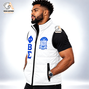 <b>Men's</b> Phi Beta Sigma <b>White</b> <b>Puffer</b> Vest Stand Collar Zipper Windproof Casual Winter <b>Jacket</b> Blue Logo Front Eco-Friendly - Product Image 2