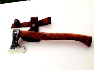 Handmade <b>Axe</b> Carbon Steel Blade Wood <b>Handle</b> With Leather Sheath Outdoor Knife - Product Image 3