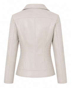 Women Ivory Faux Leather <b>Biker</b> <b>Jacket</b> Asymmetric Zip Quilted Panels Lapel Collar Slim Fit Casual Streetwear Fashion Outerwear - Product Image 2