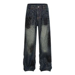 Men's Gray Washed <b>Denim</b> Wide Leg Pants High Waist Button Fly Casual Style Cotton <b>Material</b> Breathable Spring Fashion - Product Image 3