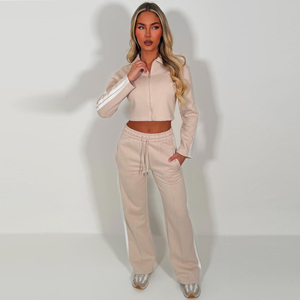 Women's Beige Tracksuit Set Full Sleeve <b>Cropped</b> Jacket With Side Stripe Loose Fit Joggers Sporty Casual Wear All Seasons - Product Image 2