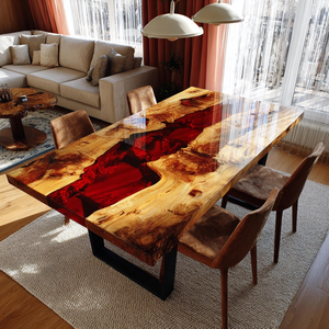 Mesa de Comedor de Lujo con Resina Epoxi Roja, Mesa de Madera con Borde Natural, Mueble de Comedor Hecho a Mano - Product Image 3