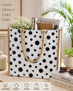 White Laminated Jute Tote <b>Bag</b> with Black Polka Dot Print Eco Friendly <b>Reusable</b> Shopping Carry <b>Bag</b> Large Size - Product Image 4