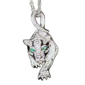 Rhodium Plated Alloy Panther <b>Pendant</b> With Diamond Accents And <b>Emerald</b> Eyes Classic Themed Charm Unisex Gift - Product Image 3