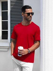 เสื้อยืดคอกลมแขนสั้นผู้ชายแบบลำลองทรงปกติสีทึบสีแดง 2027 - Product Image 6